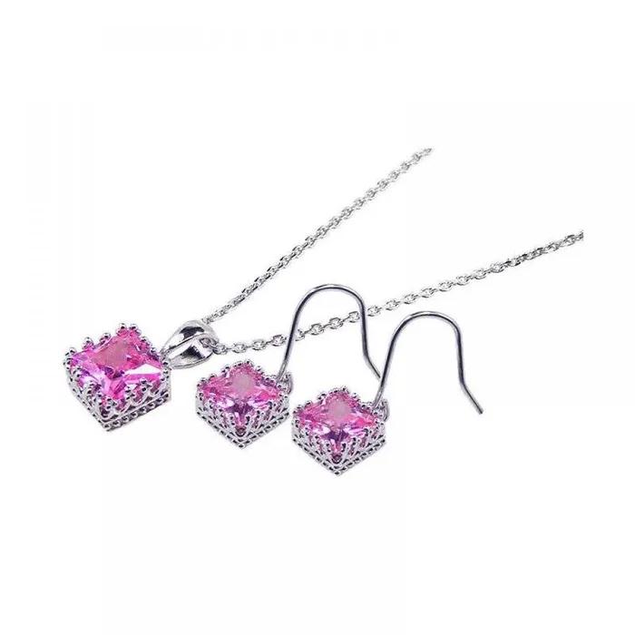 Juego de ganchos colgantes con circonita rosa cuadrada chapada en rodio de plata 925 – STS00135PNK