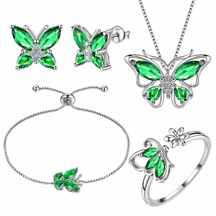 Juego de joyas con piedra natal de mariposa, esmeralda de mayo, 5 piezas, regalo de cumpleaños para mujeres y niñas