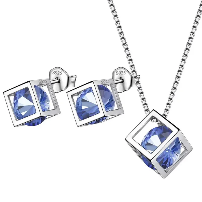 Juego de joyas de tanzanita de diciembre con piedra natal de cubo 3D, 3 piezas, regalo de cumpleaños para mujeres y niñas