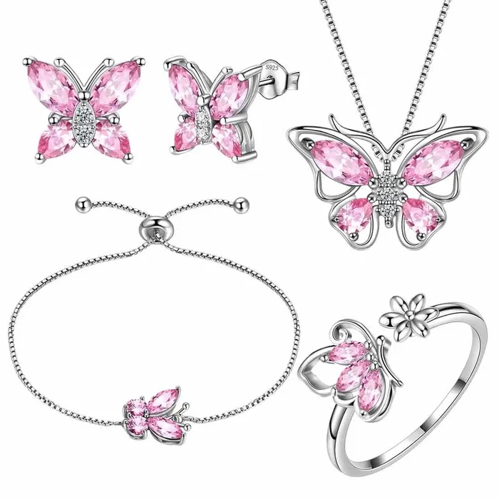 Juego de joyas de turmalina de octubre con piedra natal de mariposa, 5 piezas, regalo de cumpleaños para mujeres y niñas