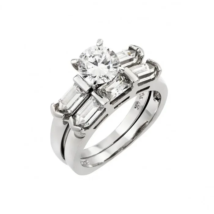 Juego de par de anillos de compromiso con circonita cúbica redonda transparente y baguette bañada en rodio de plata 925 – STR00985