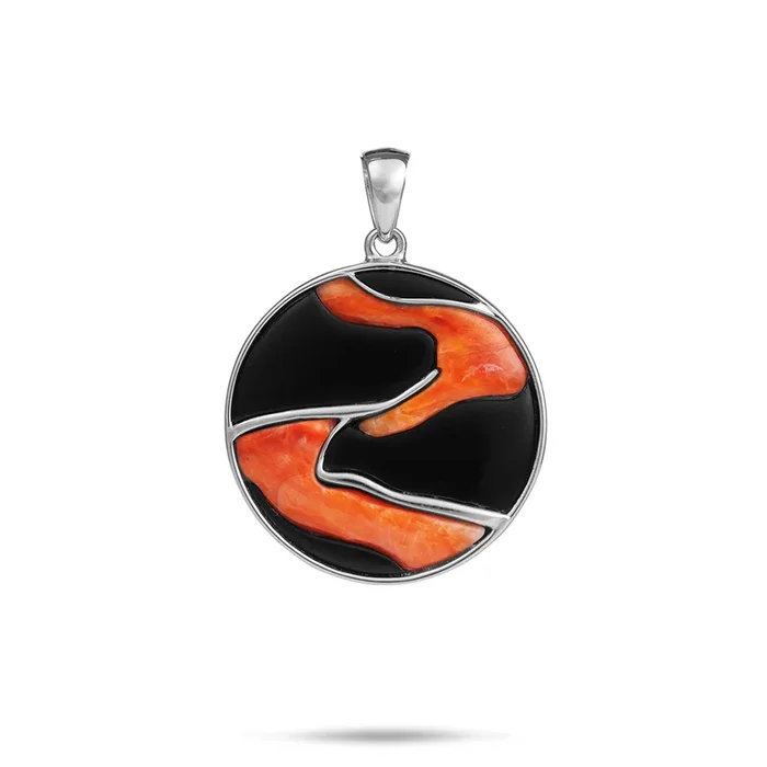 Lava Flow Black Coral and Spiny Oyster Pendant in White Gold – 22mm