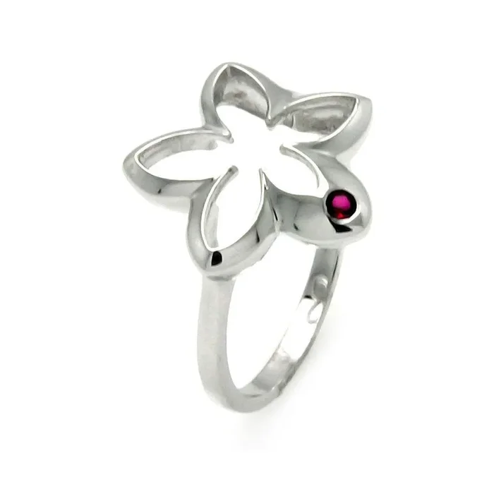 Liquidación – Anillo abierto de flor con circonita roja pequeña en plata 925 rodiada – STR00902