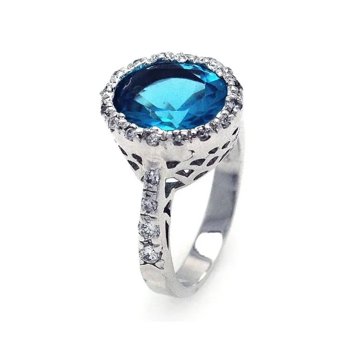 Liquidación – Anillo de plata 925 rodiada con circonita cúbica transparente y centro azul – STR00132BLU