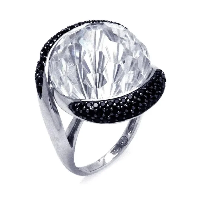 Liquidación – Anillo de plata 925 rodiada y rodiada negra, bicolor, con circonita negra y centro grande transparente – BGR00292
