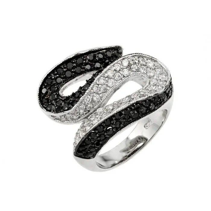 Liquidación – Anillo de plata 925 rodiada y rodiada negra con circonitas cúbicas transparentes y negras engastadas en pavé – BGR00143