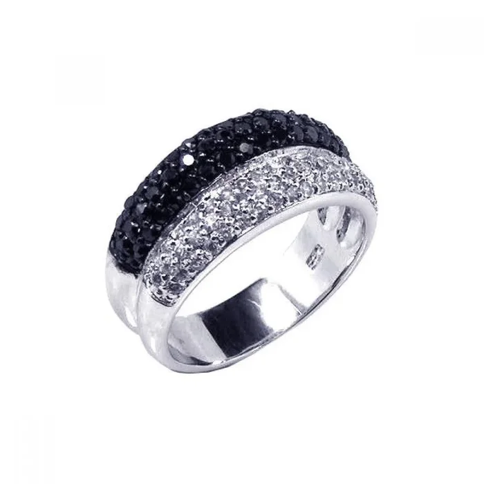 Liquidación – Anillo de plata 925 rodiada y rodiada negra con pavé de circonitas transparentes y negras – STR00353