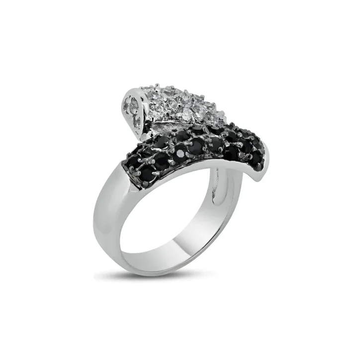 Liquidación – Anillo envolvente de plata 925 rodiada y rodiada negra con pavé de circonitas transparentes y negras – BGR00141