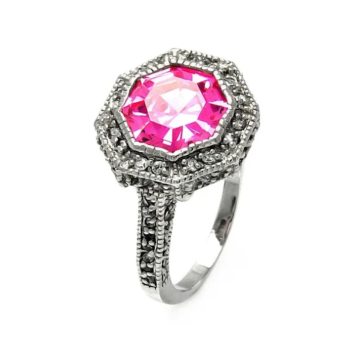 Liquidación – Anillo octagonal rosa con circonita cúbica en plata 925 oxidada y baño de rodio – STR00120PNK