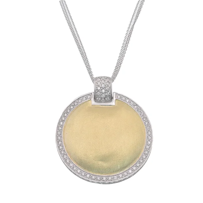 Liquidación – Colgante circular de plata de ley 925 bicolor con baño de oro mate y halo de circonitas, collar ajustable de 3 vueltas – STP00679