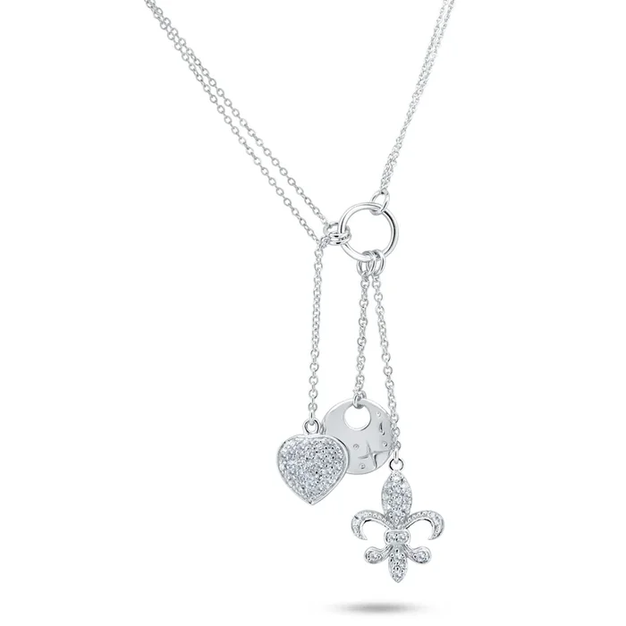Liquidación – Collar con dije de flor de lis, corazón y disco en plata de ley 925 rodiada con circonitas transparentes – STP00850