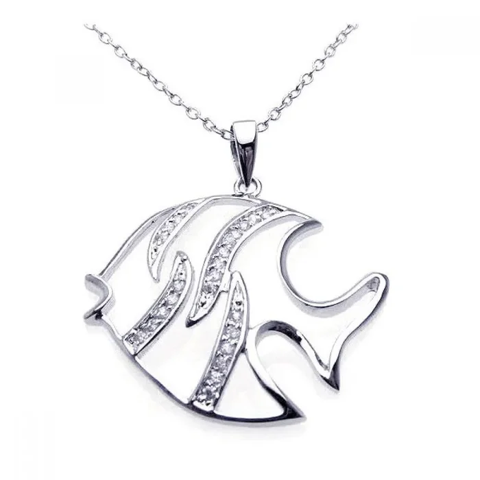 Liquidación – Collar de pez con circonitas cúbicas en plata 925 rodiada y esmalte blanco – BGP00217