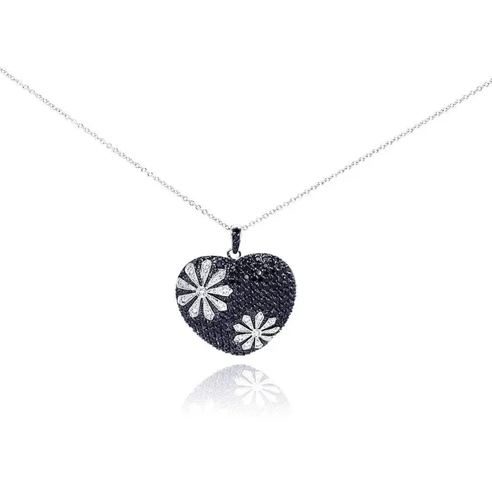 Liquidación – Collar de plata 925 negra con baño de rodio y diseño floral con corazón de circonitas negras – BGP00175