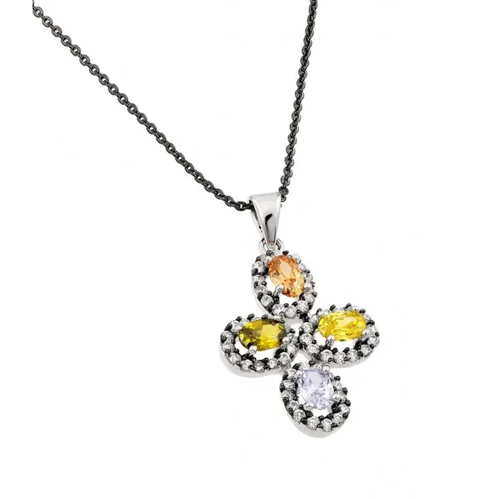 Liquidación – Collar de plata 925 rodiada con flor multicolor y circonitas negras y transparentes – BGP00706