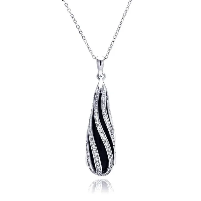 Liquidación – Collar de plata 925 rodiada con lágrima de ónix negro y rayas curvas de circonitas – BGP00242