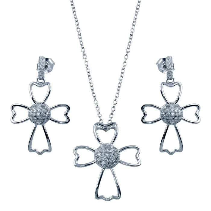 Liquidación – Conjunto colgante de circonitas cúbicas con micropavé en plata de ley 925 rodiada y cruz transparente – BGS00384