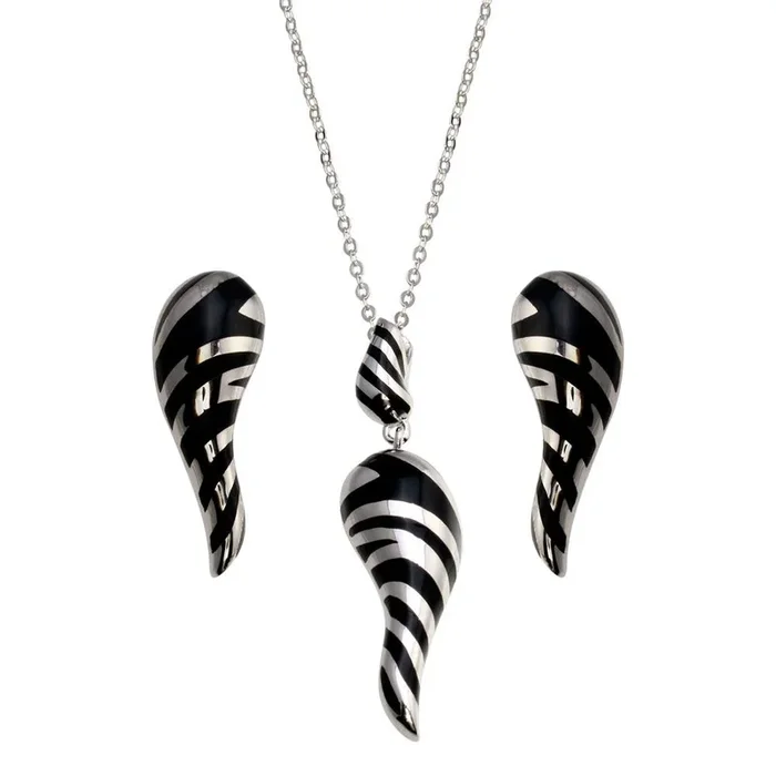Liquidación – Conjunto de aretes y collar con circonitas cúbicas con estampado de rayas de cebra en plata 925 rodiada – BGS00083-BLK