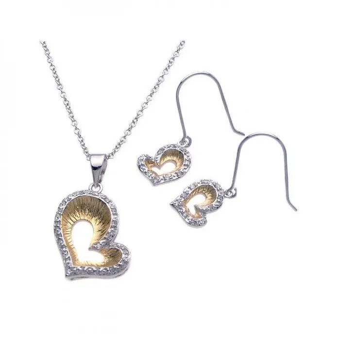 Liquidación – Conjunto de pendientes de gancho y collar colgante con circonitas cúbicas de corazón abierto con borde transparente en plata 925 bañada en rodio y oro – BGS00089