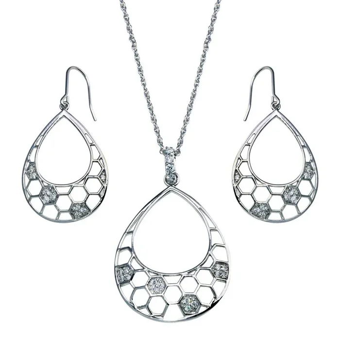 Liquidación – Conjunto de pendientes y collar con colgante de gancho y circonitas cúbicas en forma de lágrima abierta de plata 925 rodiada – STS00316