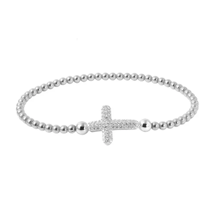 Liquidación – Pulsera italiana de cuentas de plata 925 rodiada con cruz incrustada de circonitas – ITB00196RH