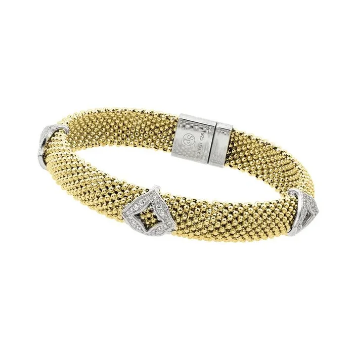 Liquidación – Pulsera italiana de plata 925 bañada en oro con micropavé y cuentas cuadradas diagonales de circonitas transparentes – PSB00004GP