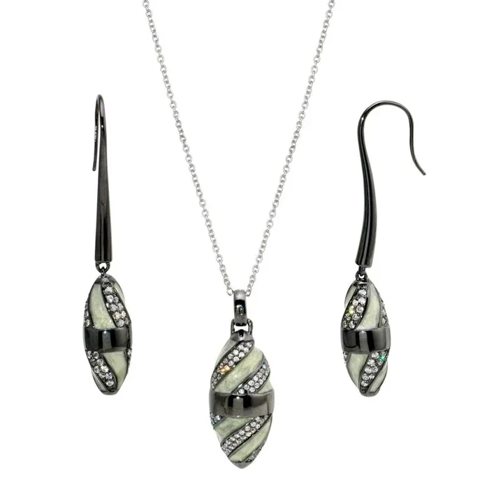 Liquidación: Juego de pendientes y collar de plata 925 con rodio negro, piedra blanca pulida y pavé transparente, con circonitas cúbicas negras y baño ovalado – BGS00132