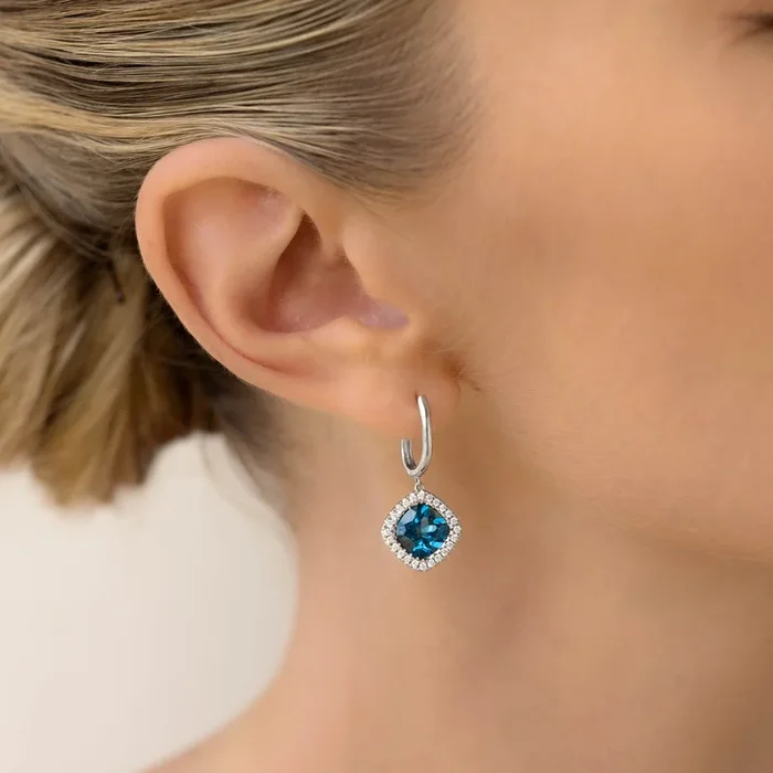 London Blue Topaz and Diamond Halo Drop Earrings White Gold – Elvira