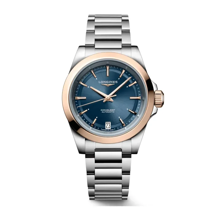Longines Conquest automatic pink gold watch blue dial steel and rose gold bracelet 34 mm L3.430.5.92.6 – Lepage