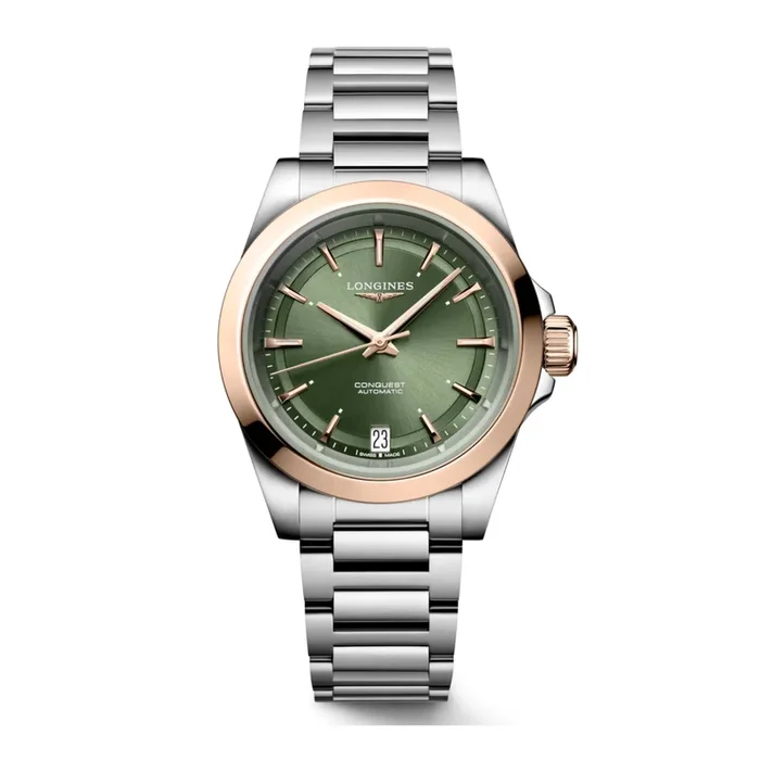 Longines Conquest automatic rose gold watch green dial steel and rose gold bracelet 34 mm L3.430.5.02.6 – Lepage