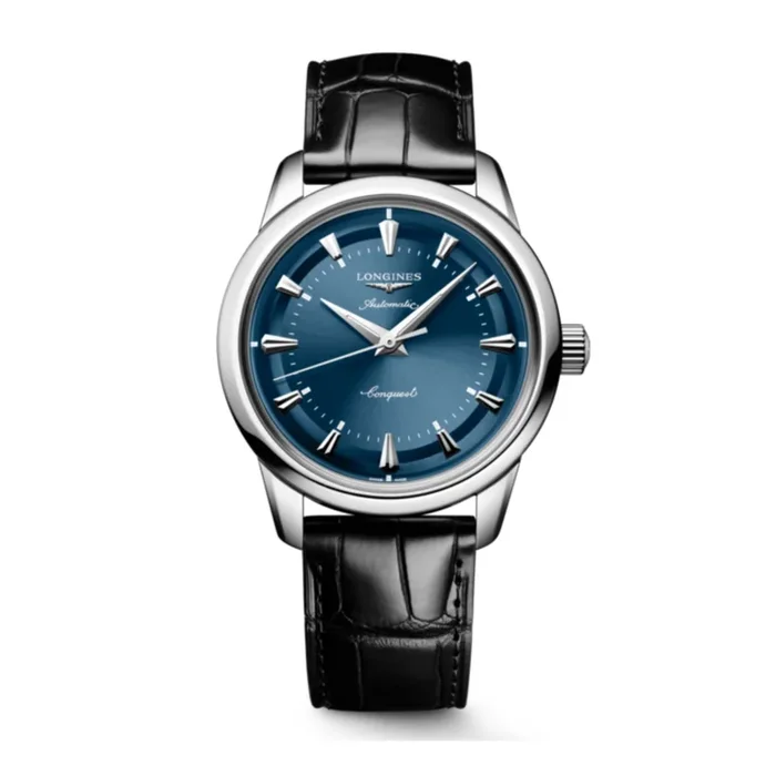 Longines Conquest Heritage automatic watch with blue dial and black leather strap, 38 mm – Lepage
