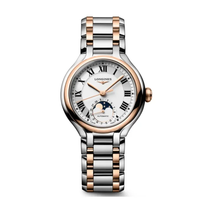 Longines PrimaLuna Moonphase automatic watch with white dial, and 34 mm steel and rose gold bracelet – L