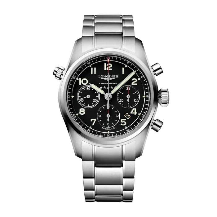 Longines Spirit automatic chronograph watch with black dial and 42mm stainless steel bracelet