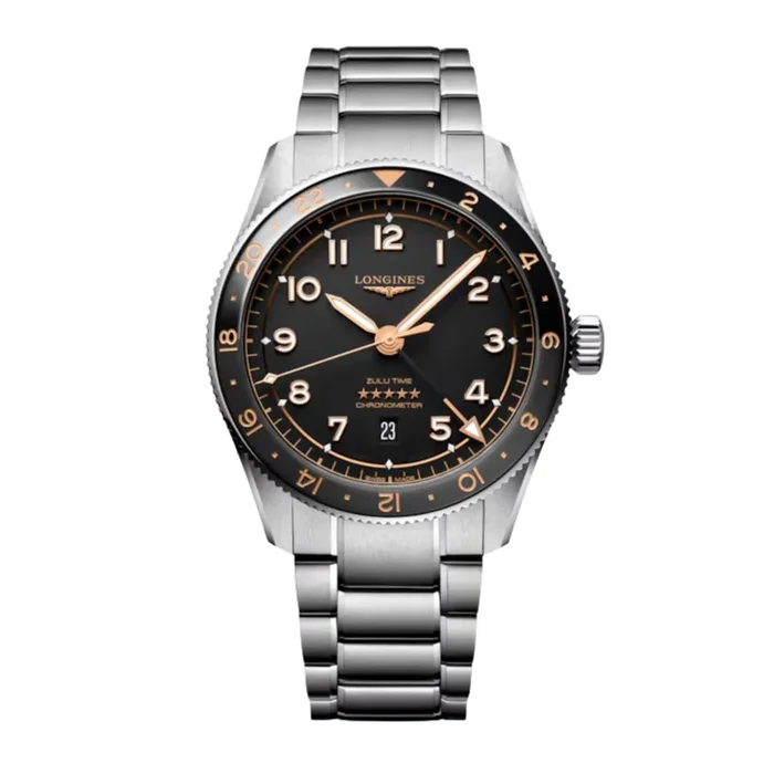 Longines Spirit Zulu Time automatic watch black ceramic bezel black dial steel bracelet 42 mm – Lepage