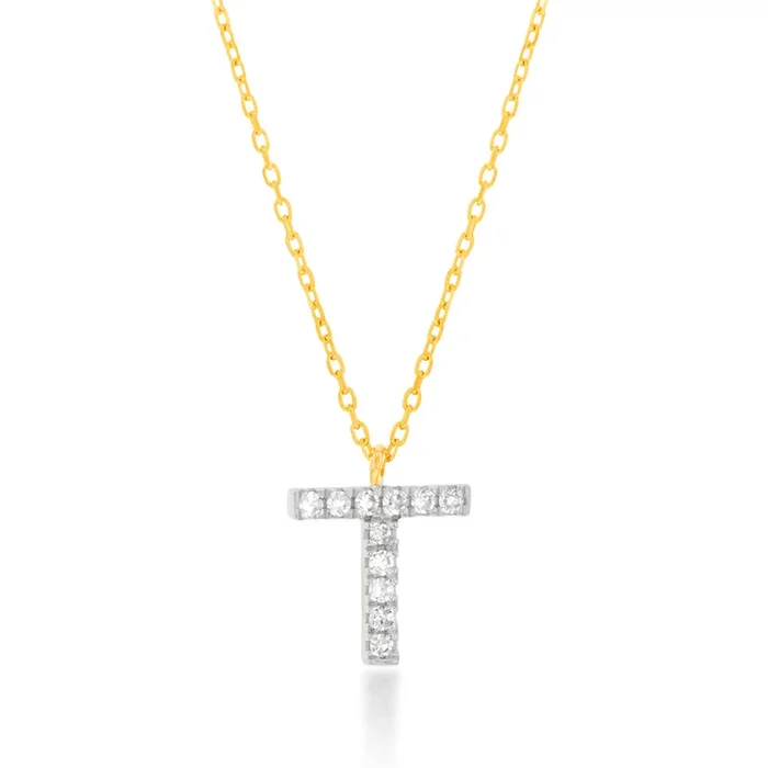 Luminesce Lab Diamond 9ct Yellow Gold T Initial Pendant on Adjustable 45cm Chain