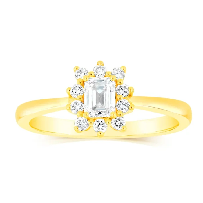Luminesce Lab Grown 1/2 Carat Diamond Halo Solitaire Ring with Emerald Center Diamond in 9ct Yellow Gold
