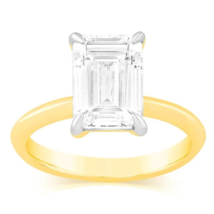 Luminesce Lab Grown Certified 3 Carat Diamond Emerald Cut Ring in 18ct Yellow Gold