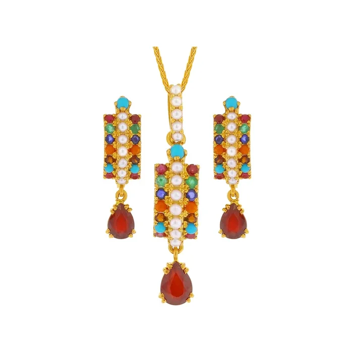 Magnificent Navratan Pendant Set in 22K Gold