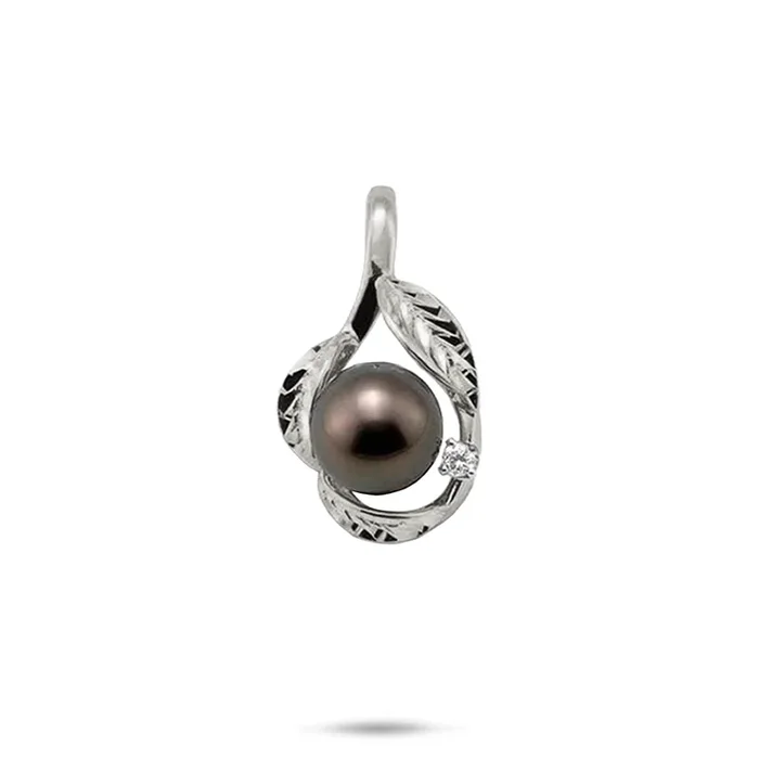 Maile Tahitian Black Pearl Pendant in White Gold with Diamond -9-10mm