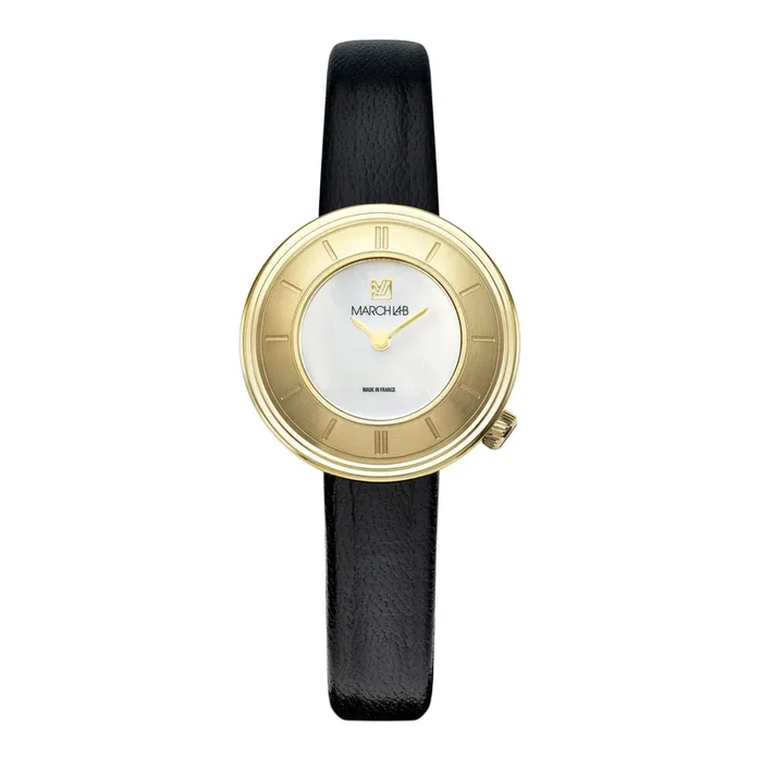 March LA.B Lady VOLANTE watch with white mother-of-pearl dial and black leather strap, 30 mm – Lepage