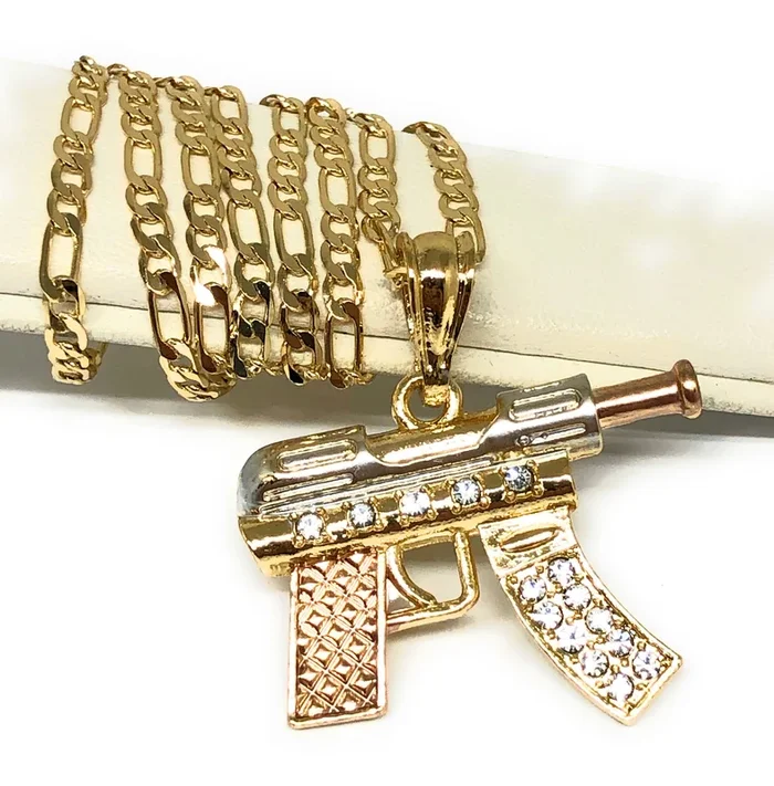 Men’s Hip Hop Gold Plated Machine Gun Pendant Necklace 24″ Figaro Chain