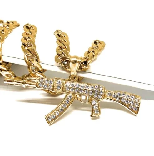 Men Gold Plated Hip Hop Iced Out Ak-47 Machine Gun Pendant 30″ Cuban Link Chain 7mm