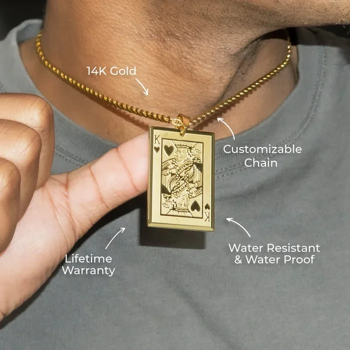 Mens Jewelry – 14K Gold King of Hearts Card Necklace | Appx. 16 Grams