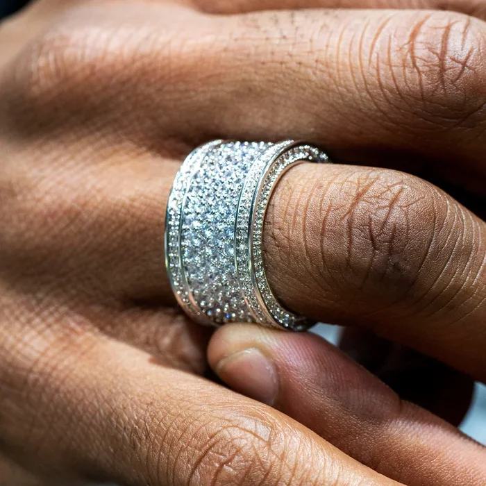 Mens Jewelry – 14K White Gold Iced Out VVS Eternity Ring | 15.8 Grams