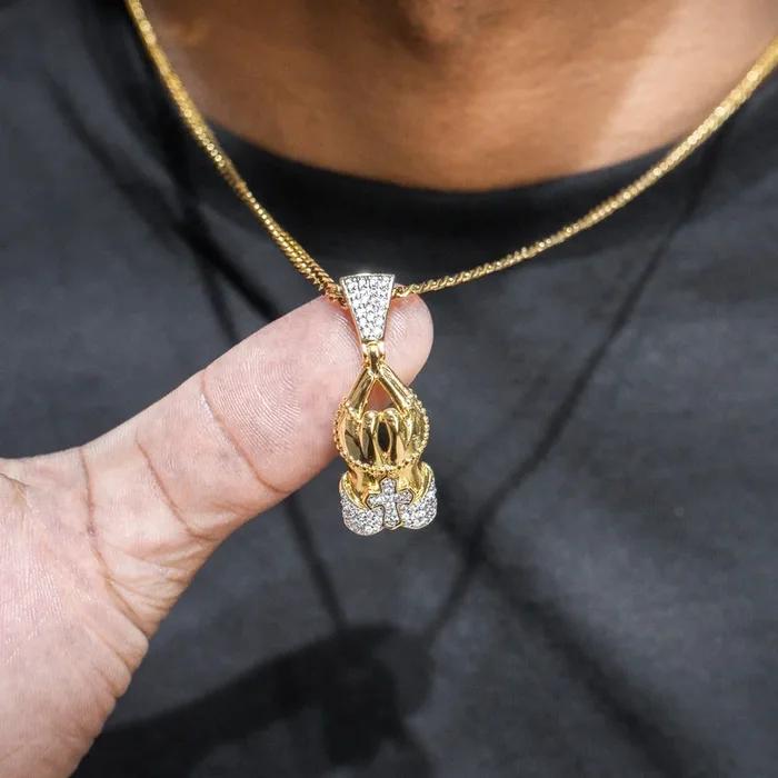 Mens Jewelry – Gold Iced Out VVS Praying Hands Necklace | Appx. 12 Grams