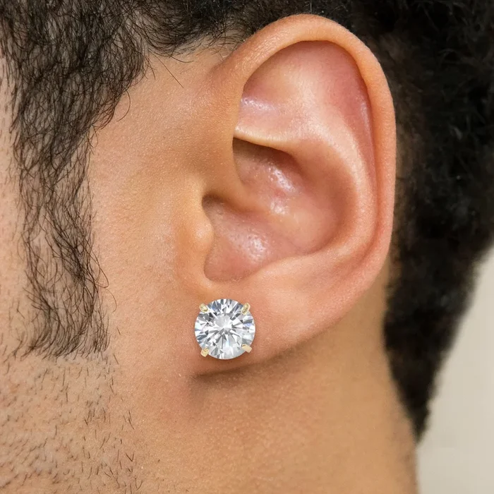 Mens Jewelry – Gold Push Backing Round Iced Out VVS Stud Earrings for Men