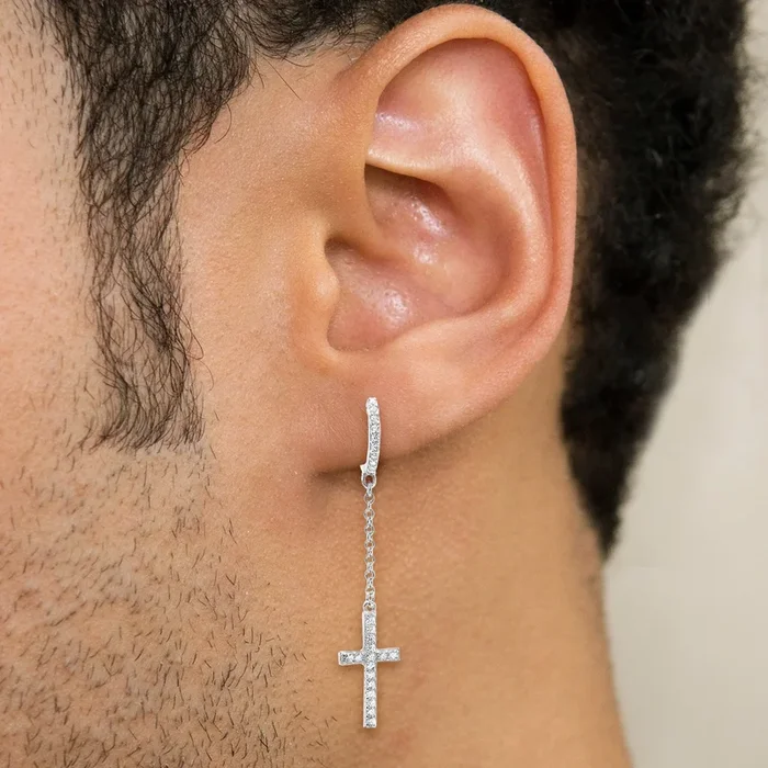 Mens Jewelry – Silver Cross Wire Dangling Iced Out VVS Hoop Earrings for Men | Appx. 2.5 Grams