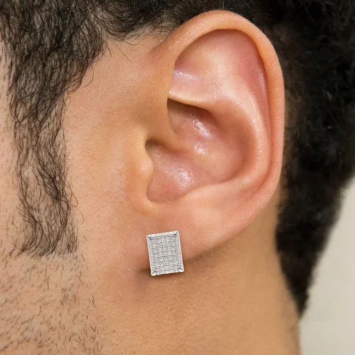 Mens Jewelry – Silver Micro Pave Rectangle Iced Out VVS Stud Earrings for Men | Appx. 3 Grams