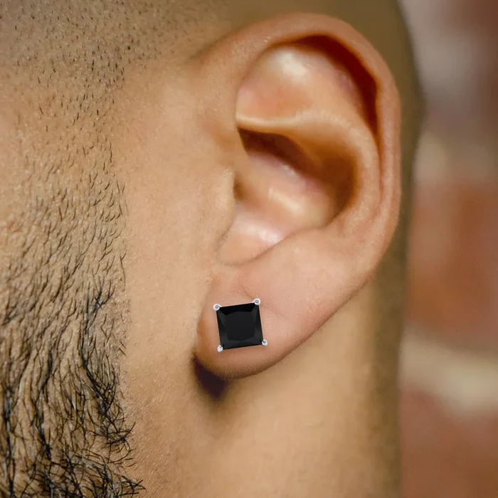 Mens Jewelry – Silver Square Black Iced Out VVS Stud Earrings for Men | Appx. 2.5 Grams