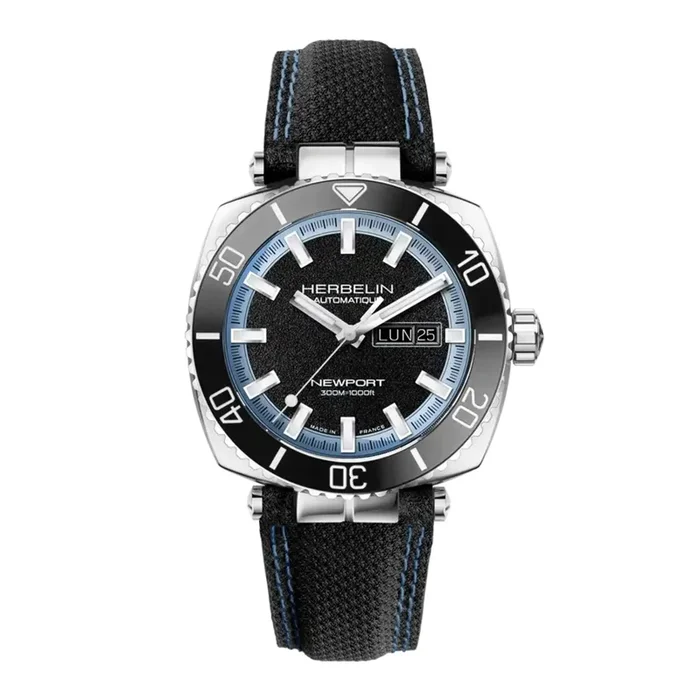 Michel Herbelin Newport Diver automatic watch with black dial and black textile strap, 42 x 42 mm – Lepage