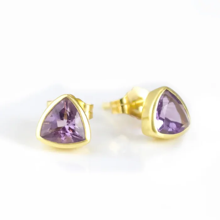 Minimalist Purple Amethyst Triangle Studs • February Birthstone